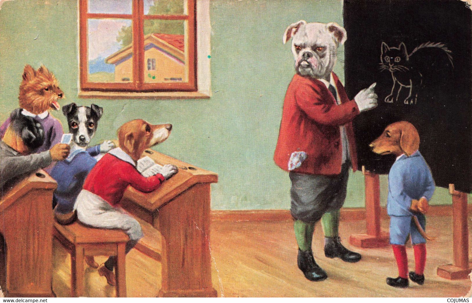 FANTAISIES - S07626 - Chiens Habillés Dans Une Salle De Classe - Tableau - Pupitres - L1 - Animaux Habillés