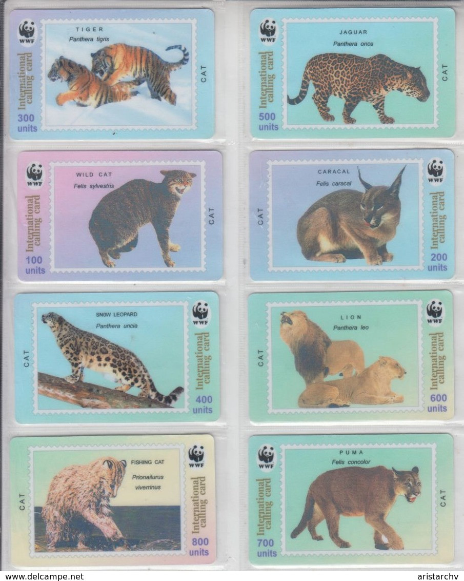 CHINA WWF TIGER JAGUAR WILD FISHING CAT CARACAL SNOW LEOPARD LION PUMA SET OF 8 PHONE CARDS - Jungle