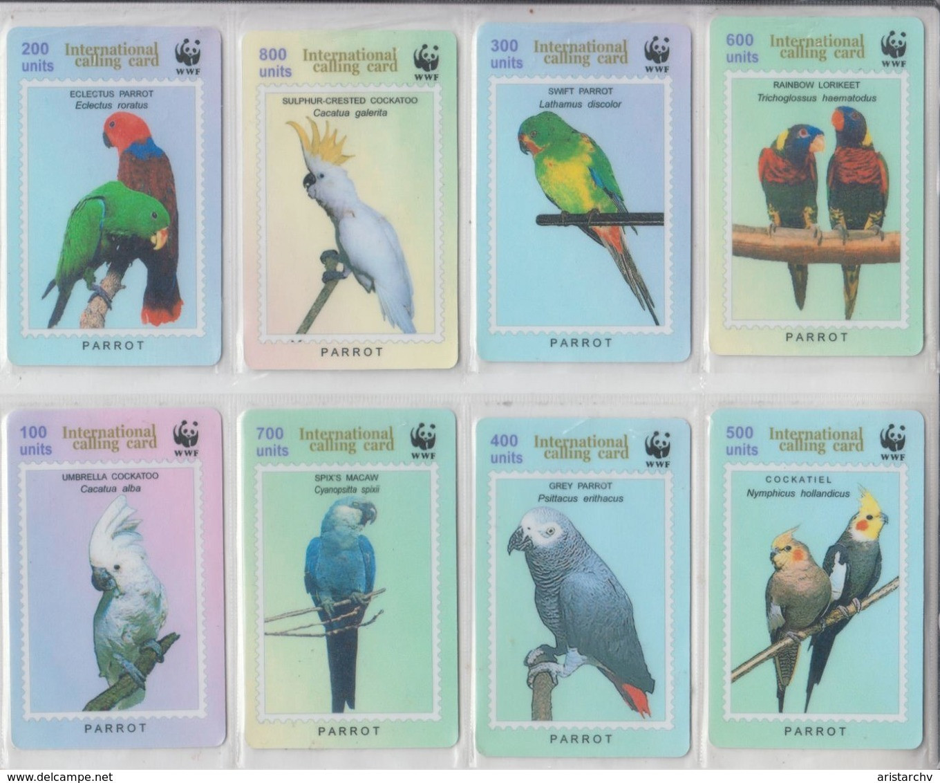 CHINA WWF BIRDS PARROTS SET OF 8 PHONE CARDS - Parrots