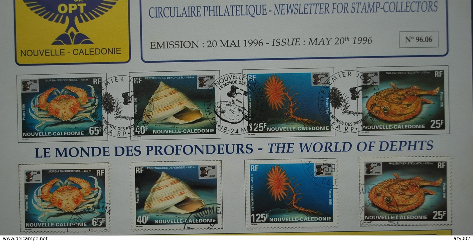 Nouvelle Calédonie 1996- Circulaire Philatélique 4 Timbres : Animaux Du Monde Des Profondeurs (poissons, Coquillage ...) - Cartas & Documentos