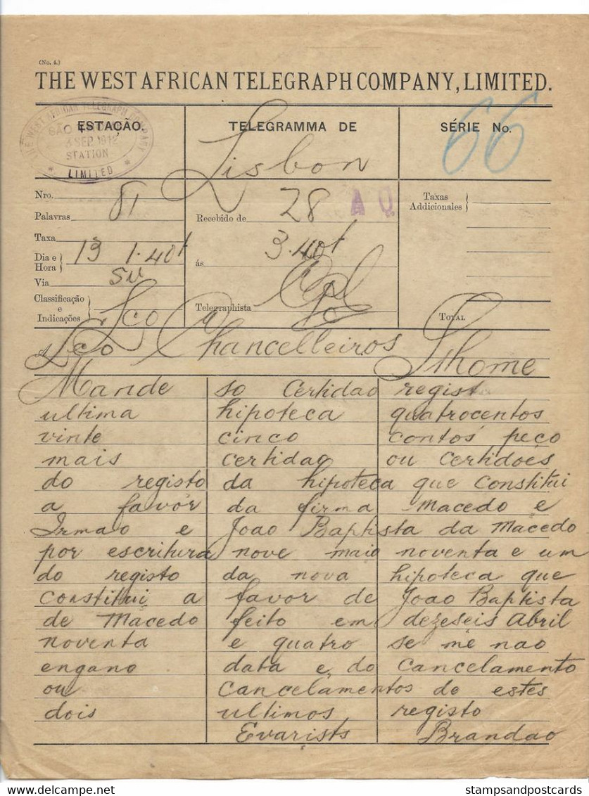 Portugal Télégramme 1912 São Tomé Station The West African Telegraph Company Saint Thomas Telegram - Brieven En Documenten