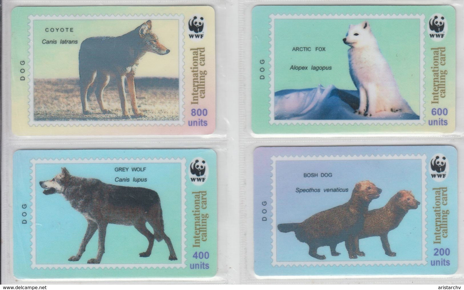 CHINA WWF COYOTE ARCTIC FOX GREY WOLF BUSH DOG SET OF 4 PHONE CARDS - Perros