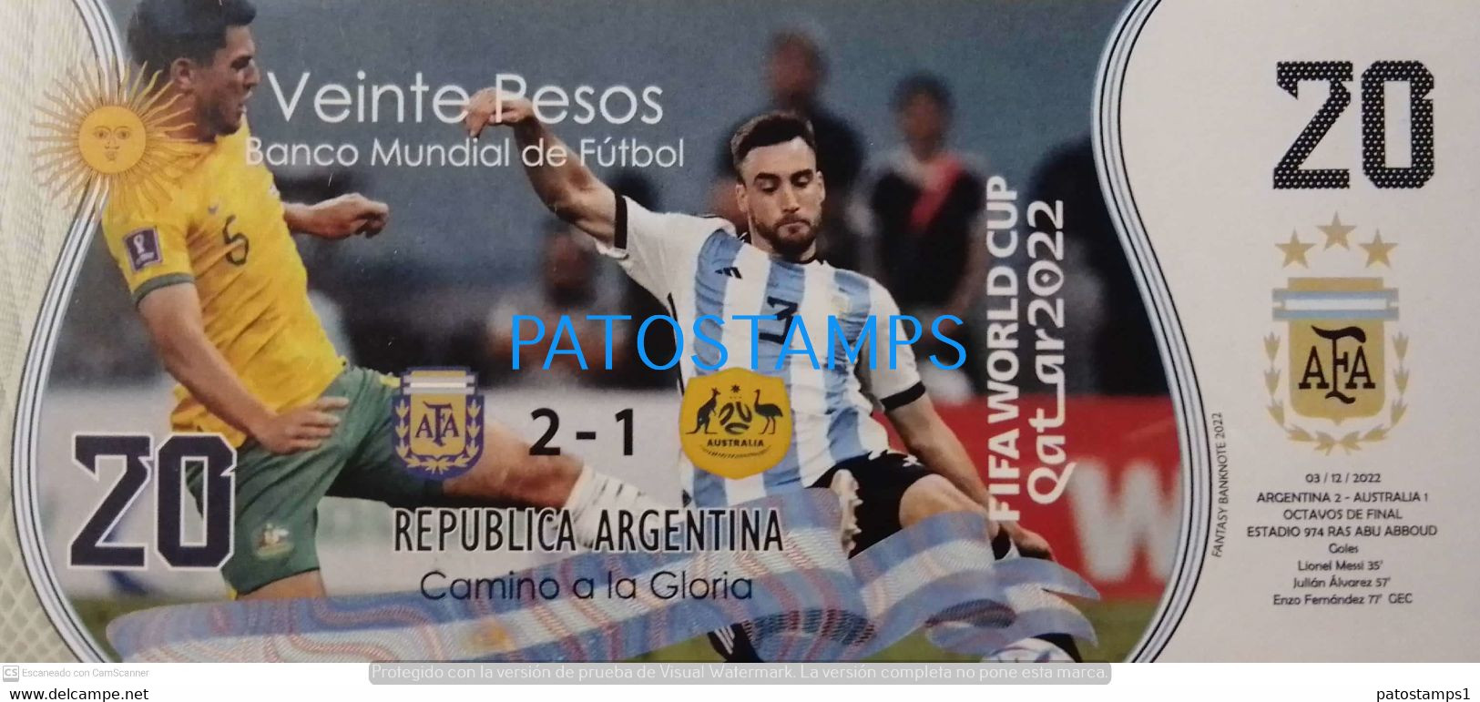 199410 ARGENTINA - AUSTRALIA BILLETE FANTASY TICKET 20 BANK SOCCER FUTBOL FIFA WORLD CUP 2022 QATAR PLAYERS NO POSTCARD - Kilowaar - Bankbiljetten