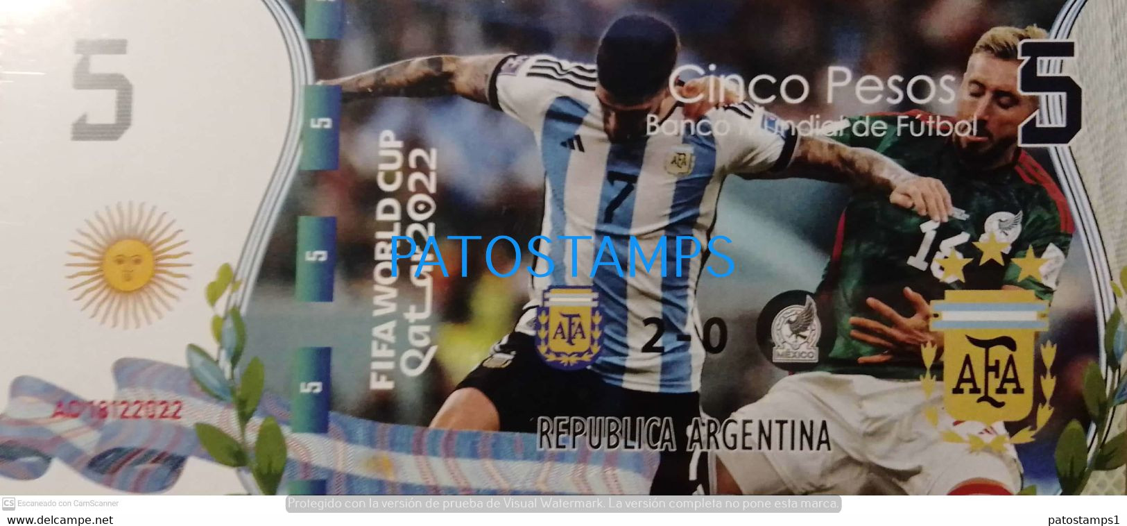 199411 ARGENTINA - MEXICO BILLETE FANTASY TICKET 5 BANK SOCCER FUTBOL FIFA WORLD CUP 2022 QATAR PLAYERS NO POSTCARD - Kiloware - Banknoten