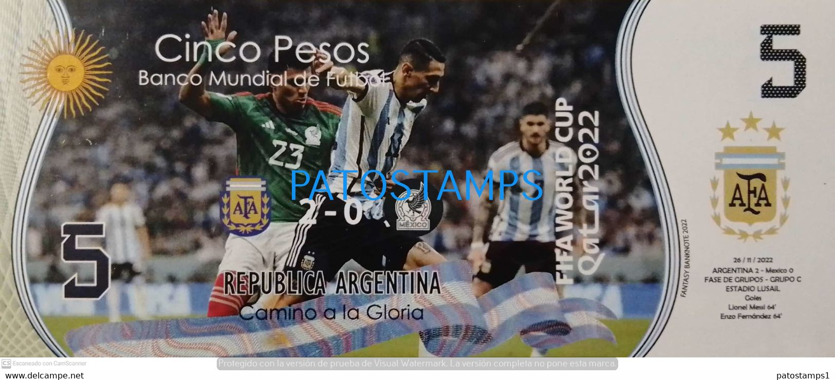 199411 ARGENTINA - MEXICO BILLETE FANTASY TICKET 5 BANK SOCCER FUTBOL FIFA WORLD CUP 2022 QATAR PLAYERS NO POSTCARD - Alla Rinfusa - Banconote