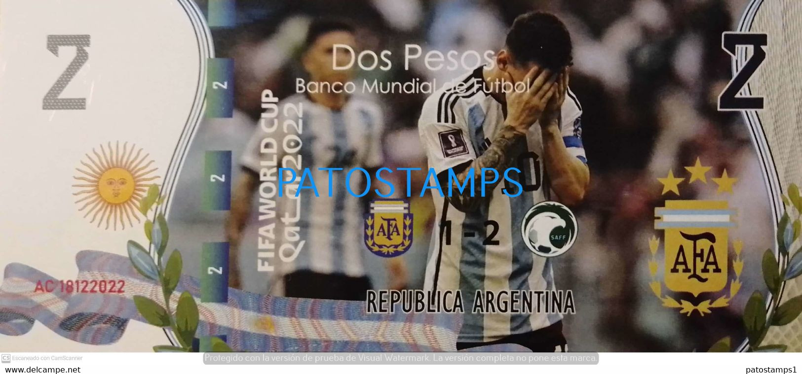 199412 ARGENTINA - A. SAUDITA BILLETE FANTASY TICKET 2 BANK SOCCER FUTBOL FIFA WORLD CUP 2022 QATAR MESSI NO POSTCARD - Vrac - Billets