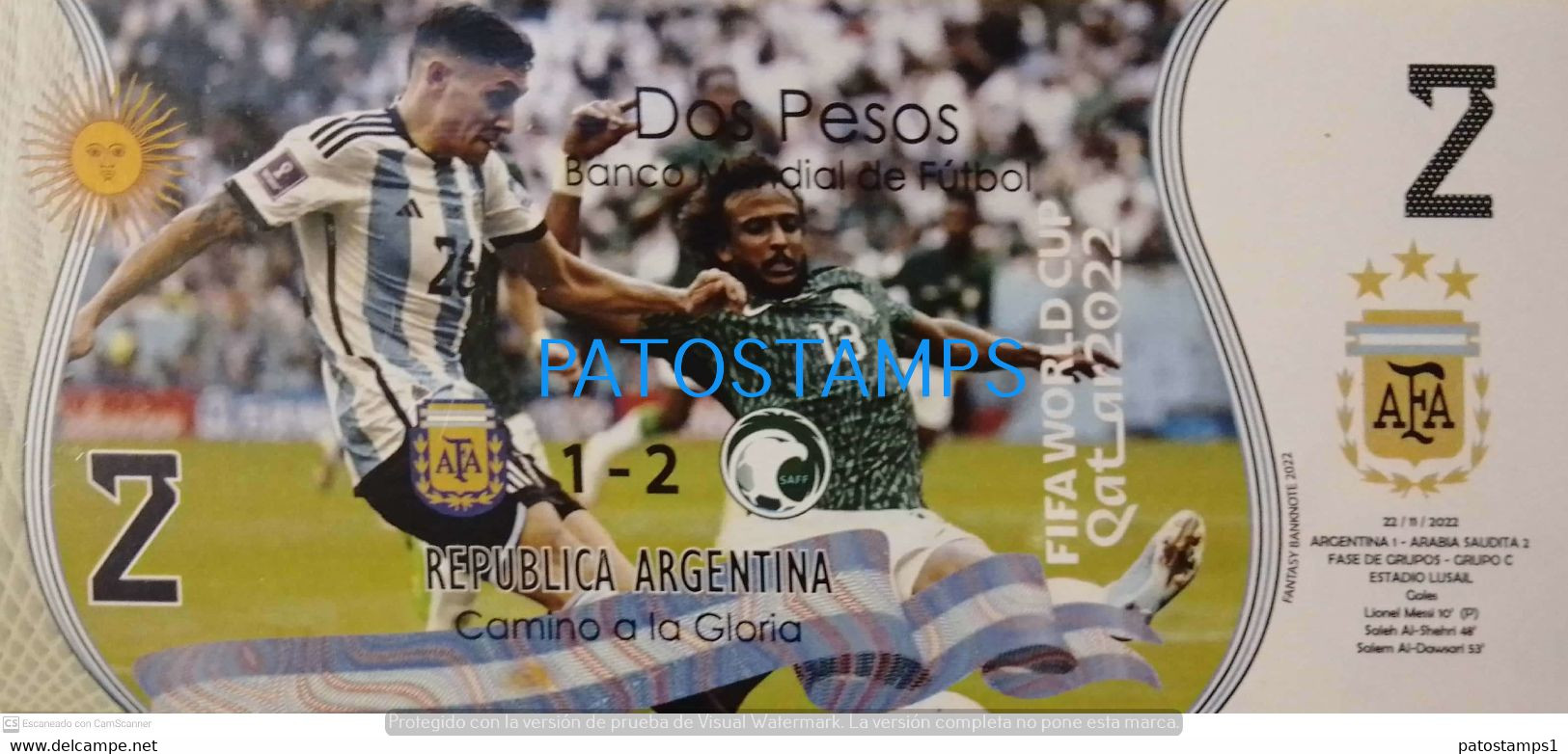 199412 ARGENTINA - A. SAUDITA BILLETE FANTASY TICKET 2 BANK SOCCER FUTBOL FIFA WORLD CUP 2022 QATAR MESSI NO POSTCARD - Alla Rinfusa - Banconote