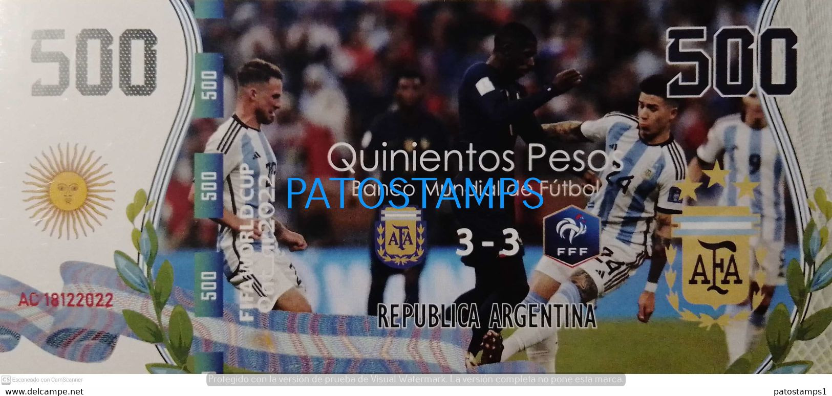 199415 ARGENTINA FRANCE BILLETE FANTASY TICKET 500 BANK SOCCER FUTBOL FIFA WORLD CUP 2022 QATAR MESSI PLAYER NO POSTCARD - Kilowaar - Bankbiljetten