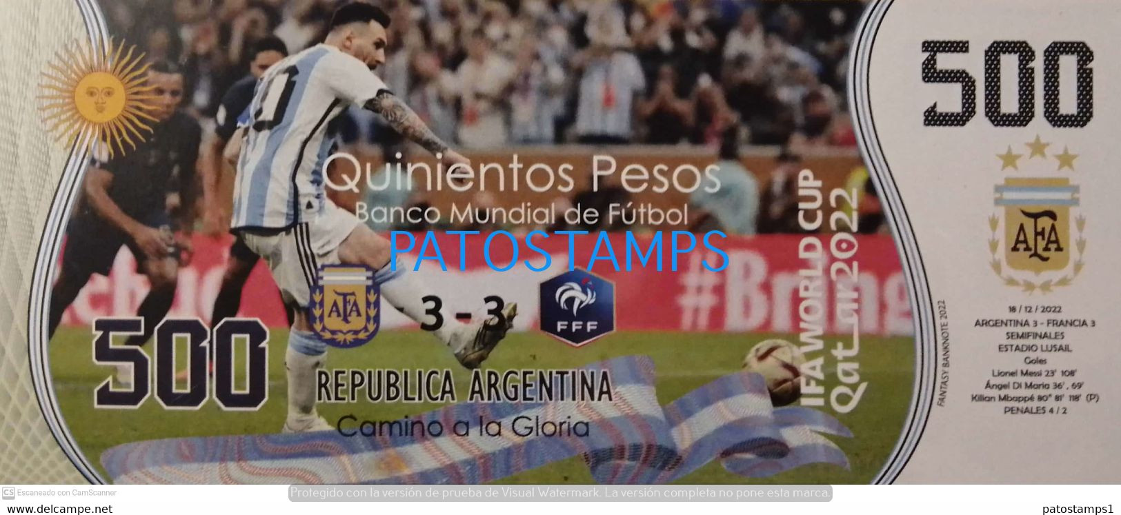 199415 ARGENTINA FRANCE BILLETE FANTASY TICKET 500 BANK SOCCER FUTBOL FIFA WORLD CUP 2022 QATAR MESSI PLAYER NO POSTCARD - Mezclas - Billetes