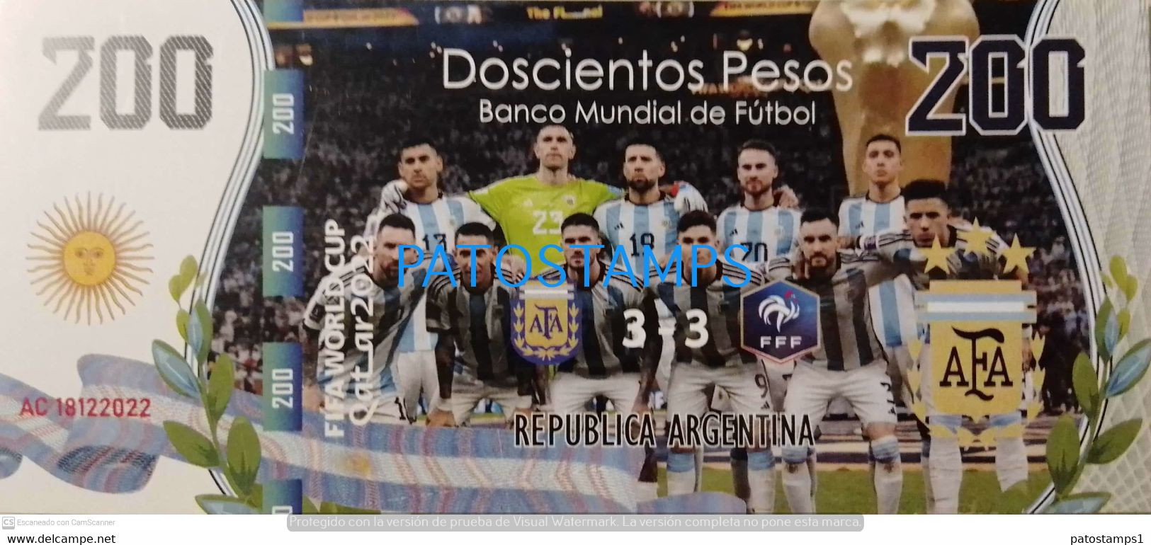 199416 ARGENTINA FRANCE BILLETE FANTASY TICKET 200 BANK SOCCER FUTBOL FIFA WORLD CUP 2022 QATAR TEAM NO POSTCARD - Vrac - Billets