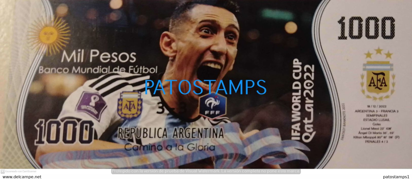 199417 ARGENTINA FRANCE BILLETE FANTASY TICKET 1000 BANK SOCCER FUTBOL FIFA WORLD CUP 2022 QATAR DI MARIA NO POSTCARD - Kilowaar - Bankbiljetten