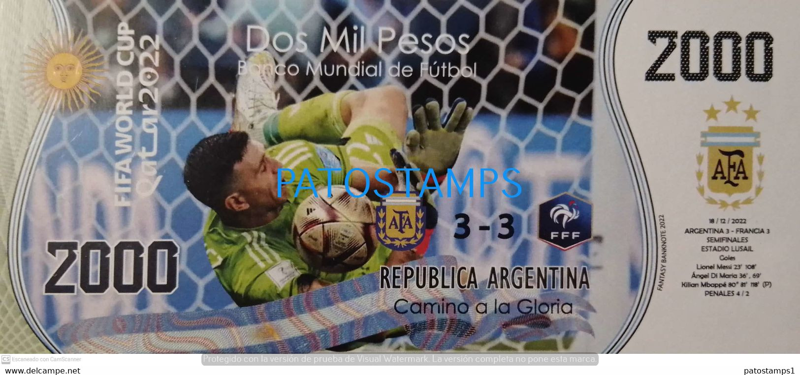 199418 ARGENTINA FRANCE BILLETE FANTASY TICKET 2000 BANK SOCCER FUTBOL FIFA WORLD CUP 2022 QATAR EL DIBU NO POSTCARD - Vrac - Billets