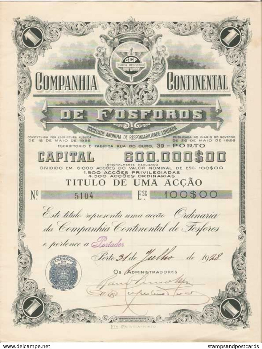Portugal Titre 5 Action Co Continental Fosforos Allumettes Timbre Fiscal 1928 Stock Certificate 5 Share Match Factory - Covers & Documents