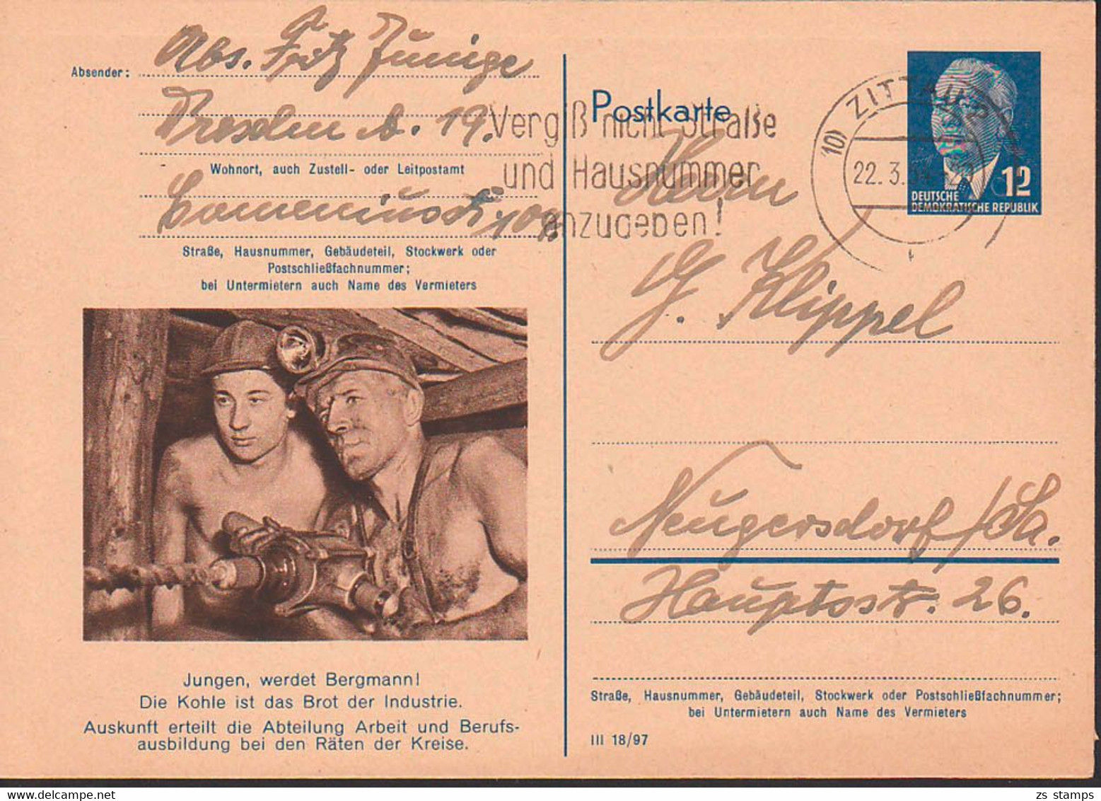 Arbeiterberufe DDR P56/01 'Bergmann' Ausbildung MWSt. Zittau 22.3.54, Kohle Ist Das Brot Der Industrie, Montan - Postcards - Used