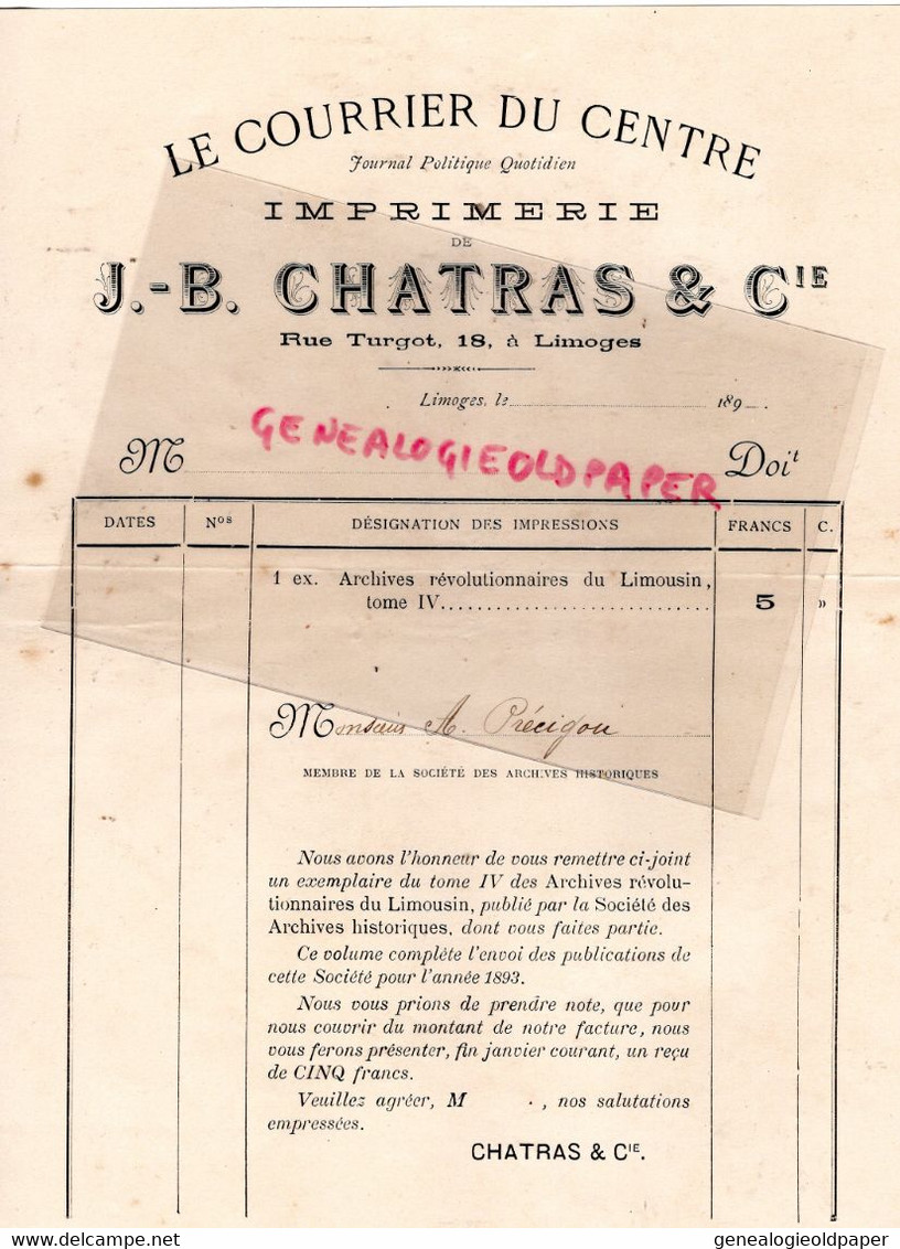 87-LIMOGES- LE COURRIER DU CENTRE JOURNAL POLITIQUE IMPRIMERIEJ.B. CHATRAS-18 RUE TURGOT-A.PRECIGOU ARCHIVES LIMOUSIN - Documents Historiques