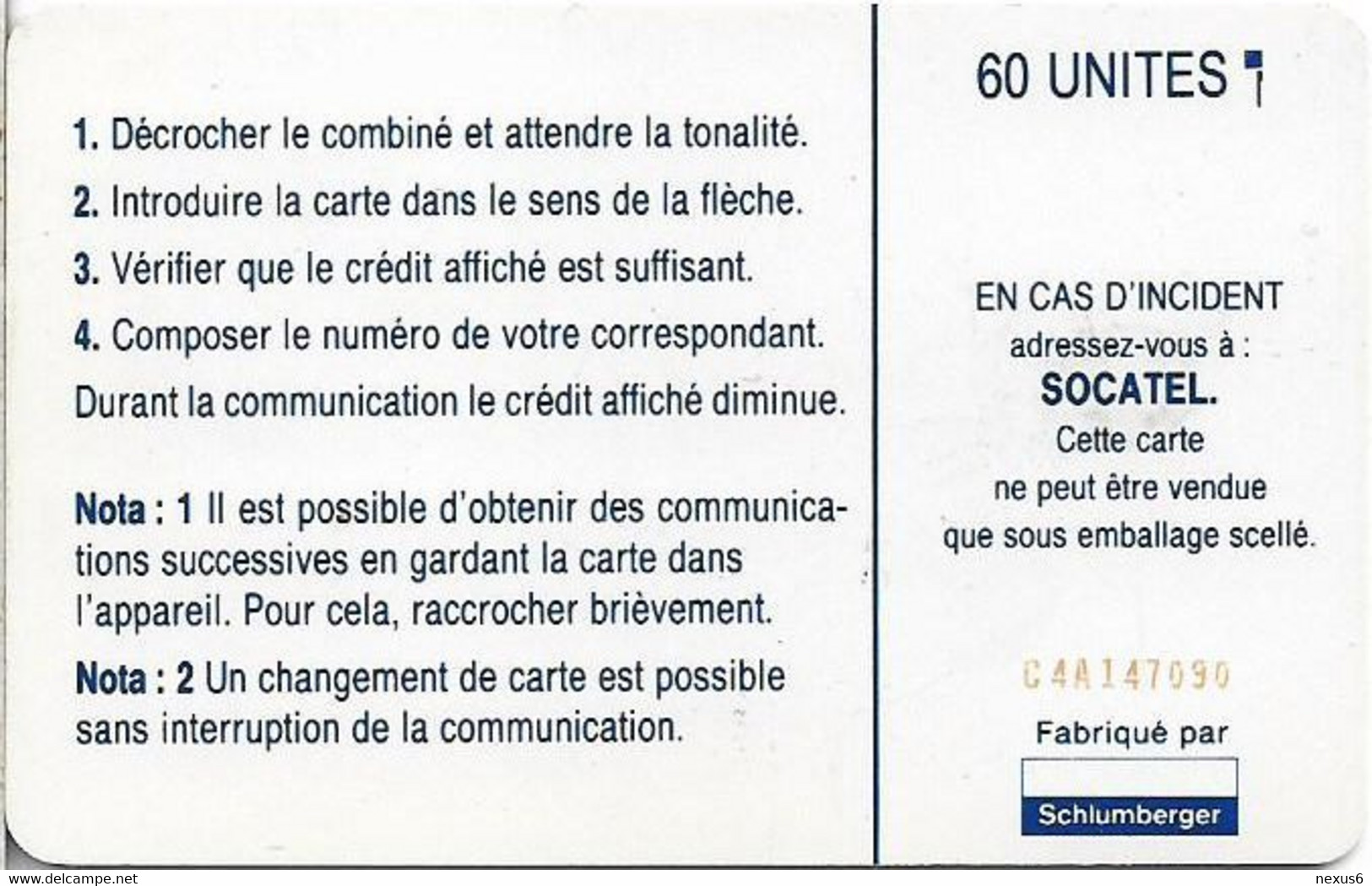 Central African Rep. - Socatel - Logo Blue, With Moreno, (Cn. C4A147090 Red), SC7, 60Units, Used - República Centroafricana