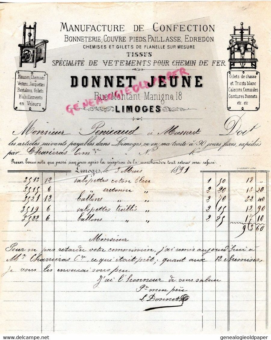 87- LIMOGES -RARE FACTURE 1891 DONNET JEUNE -MANUFACTURE CONFECTION BONNETERIE-8 RUE MONTANT MANIGNE-PENICAUT MASSERET - Kleidung & Textil