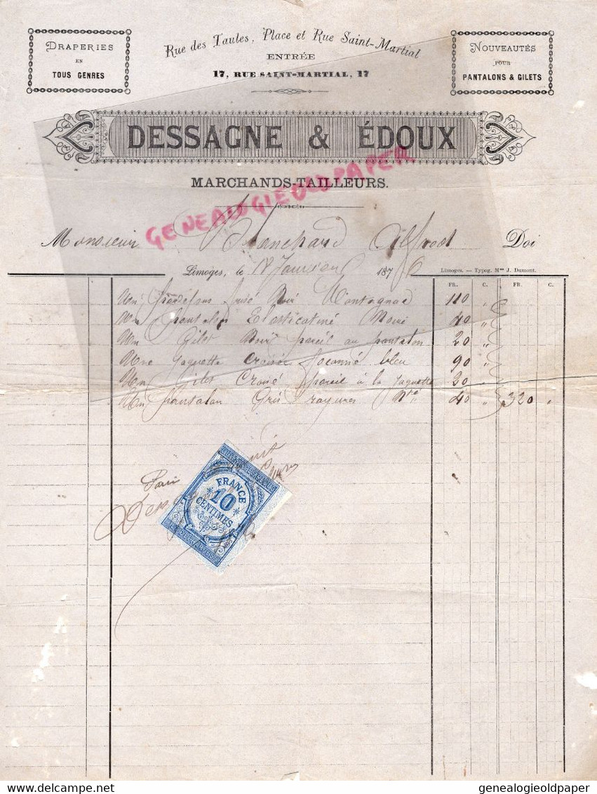 87- LIMOGES -RARE FACTURE 1876-DESSAGNE & EDOUX-MARCHANDS TAILLEURS-TAILLEUR DRAPERIE-RUE DES TAULES -SAINT MARTIAL - Textile & Clothing