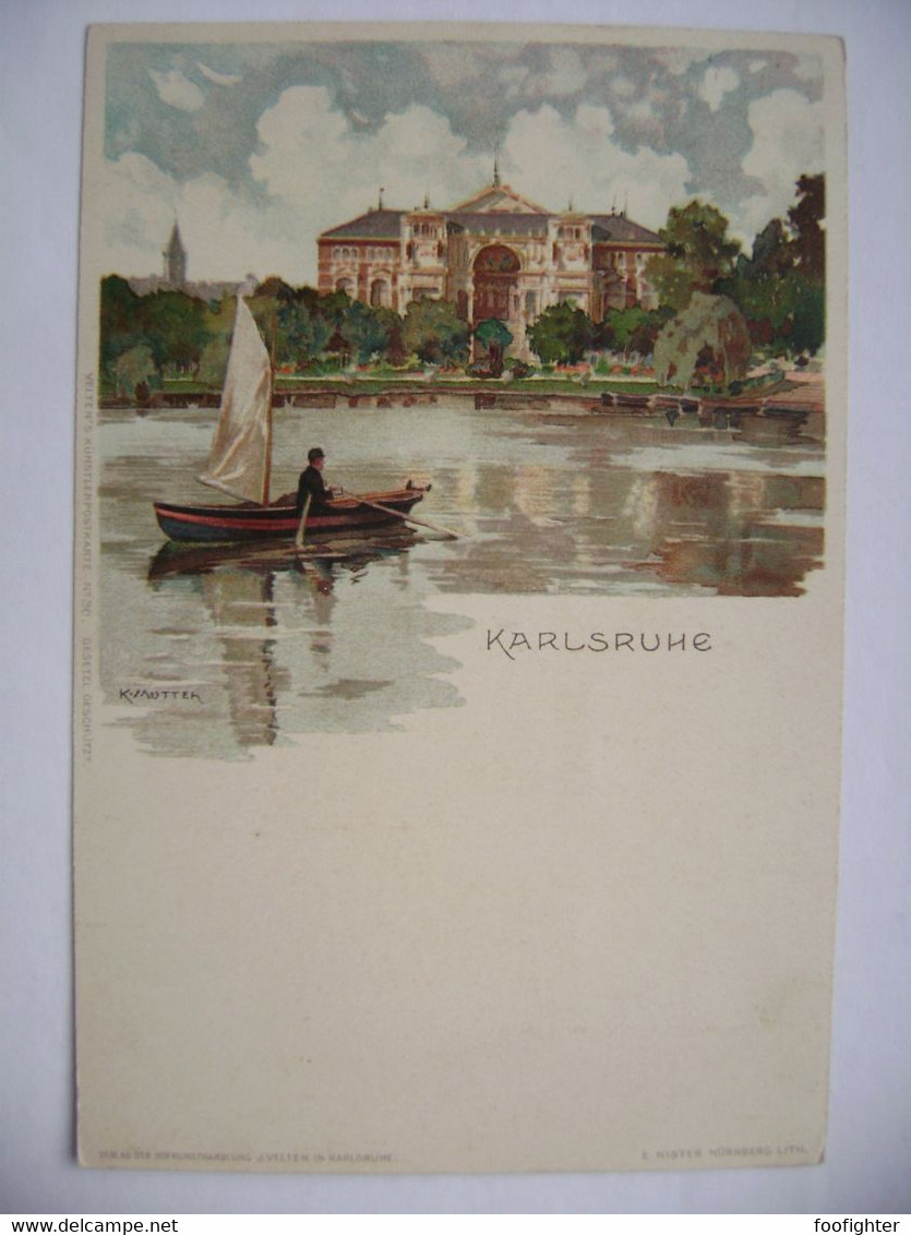 Velten’s Künstlerpostkarte No. 30,  Karl Mutter: Karlsruhe - Uferpartie Segelboot Auf Dem See (Ernest Nister Lith.) - Mutter, K.