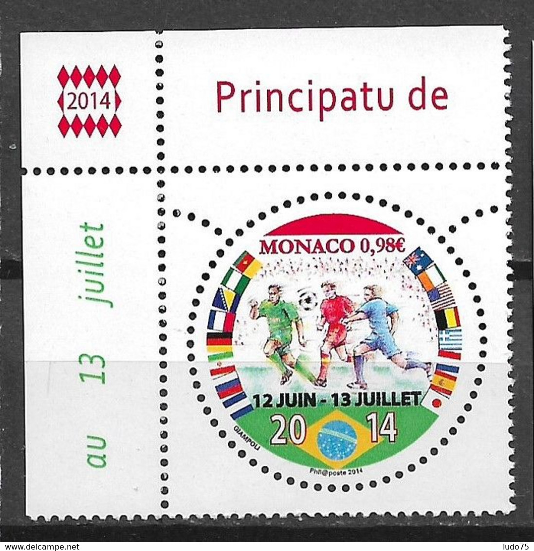 MONACO 2014 Football/soccer In Brazil/football Au Bresil, Single Stamp, Timbre Unique, MNH, Neuf - 2014 – Brasile