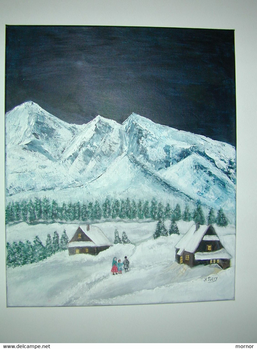 TABLEAU Montagne Chalets   Peinture Acrylique Sur Toile Signé N.Petry - Acrylic Resins