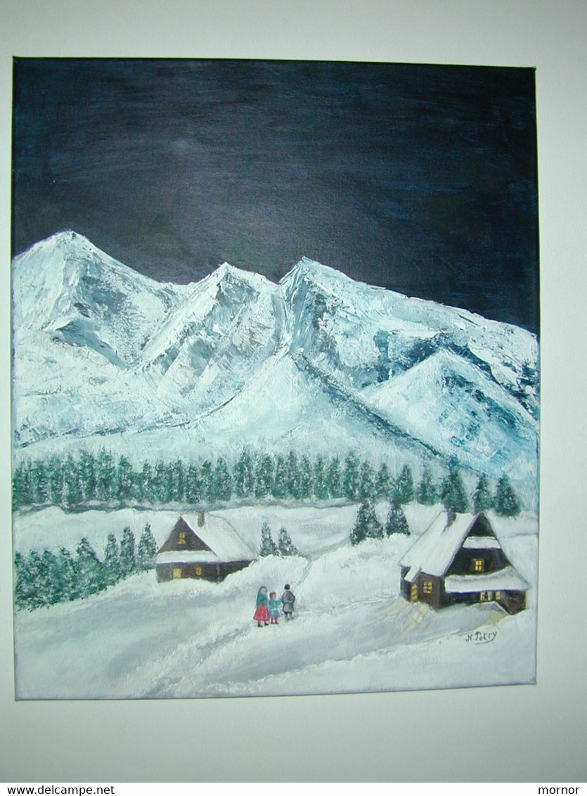 TABLEAU Montagne Chalets   Peinture Acrylique Sur Toile Signé N.Petry - Acryl