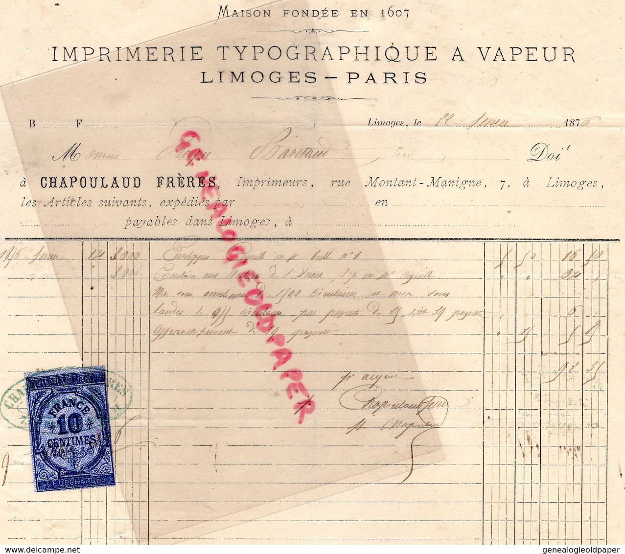 87- LIMOGES -RARE FACTURE 1876- IMPRIMERIE TYPOGRAPHIQUE A VAPEUR PARIS-CHAPOULAUD FRERES - Drukkerij & Papieren
