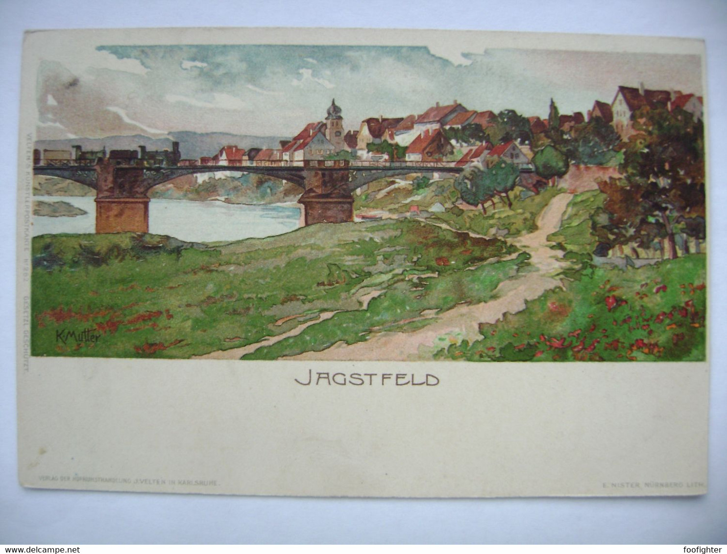 Velten’s Künstlerpostkarte No. 262, Karl Mutter: Jagstfeld - Stadt, Fluss, Brücke, Eisenbahn, Zug (Ernest Nister Lith.) - Mutter, K.
