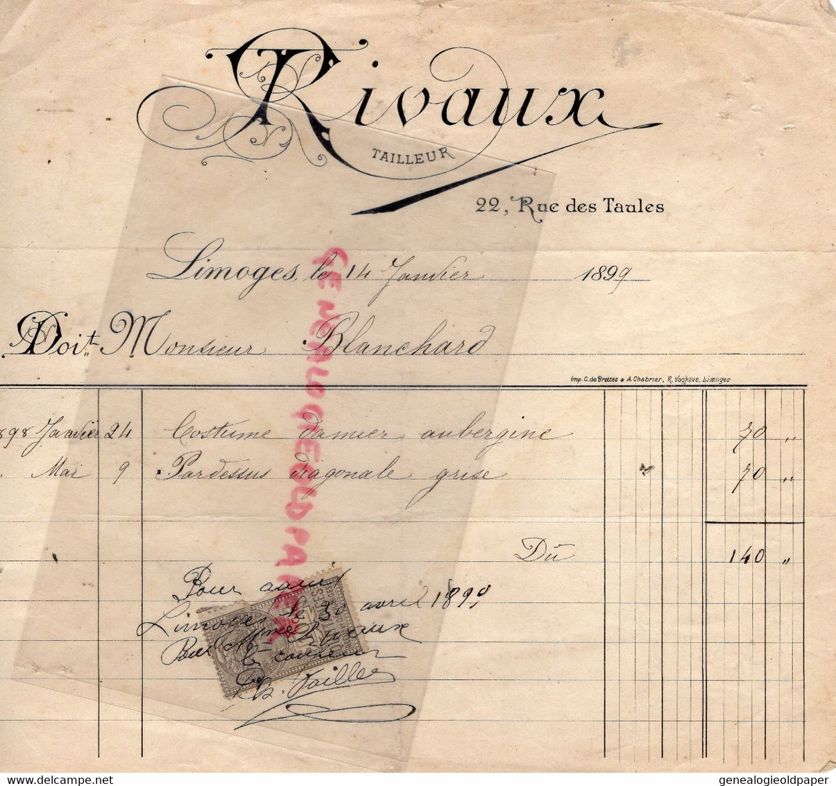87- LIMOGES -RARE FACTURE 1899- RIVAUX TAILLEUR COSTUME - 22 RUE DES TAULES - Textile & Vestimentaire