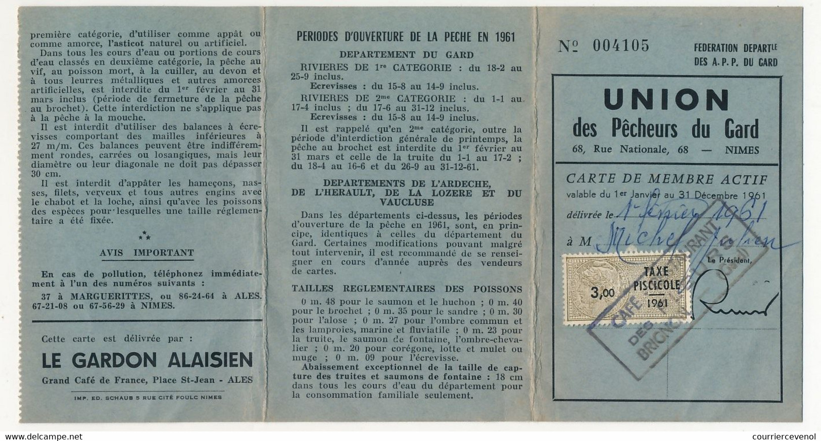 FRANCE - Carte De Membre Union Des Pêcheurs Du Gard - Fiscal Taxe Piscicole Type Daussy - 3,00 F - Brieven En Documenten