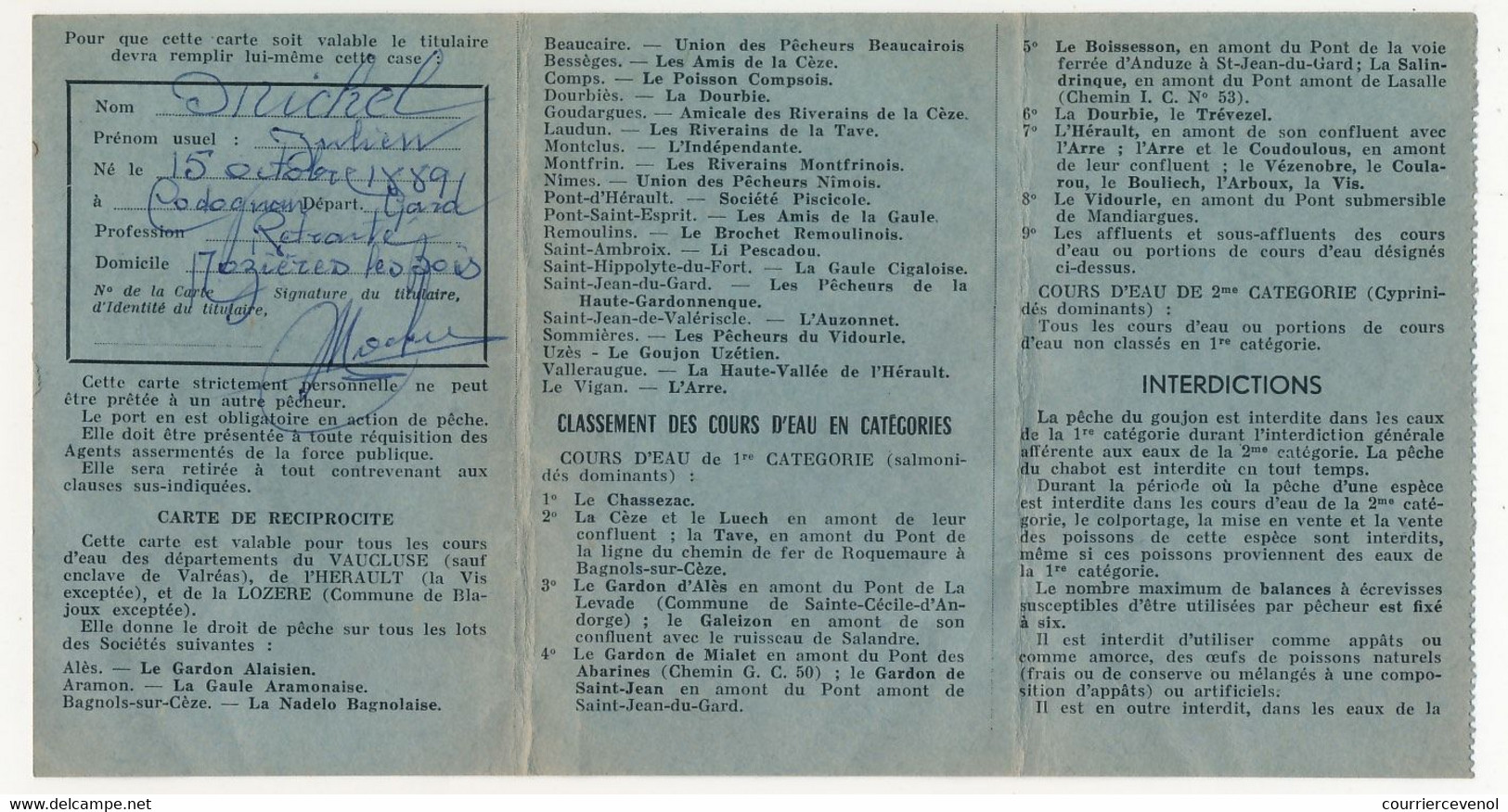 FRANCE - Carte De Membre Union Des Pêcheurs Du Gard - Fiscal Taxe Piscicole Type Daussy - 3,00 F - Briefe U. Dokumente