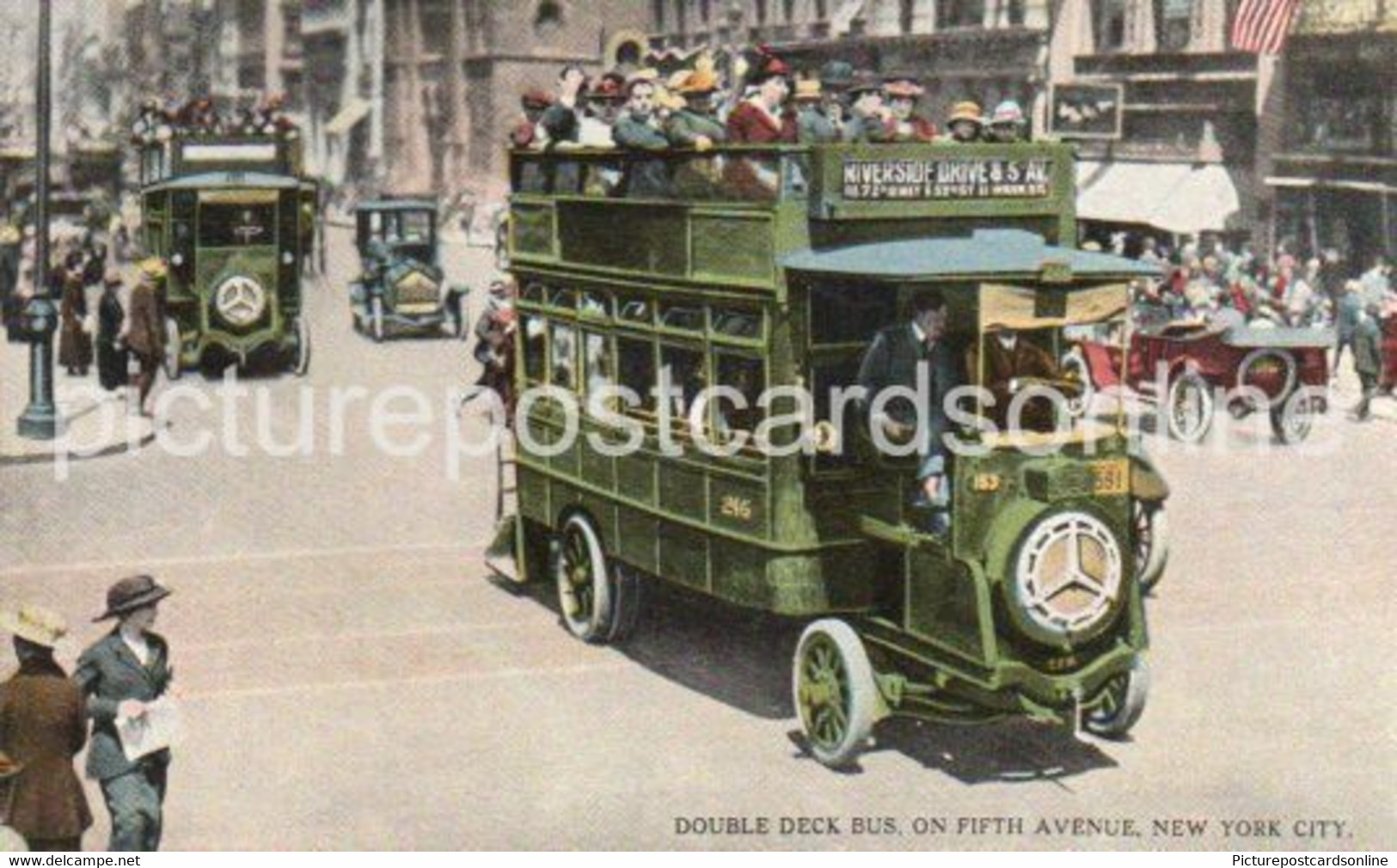 DOUBLE DECK BUS CLOSE UP ON FIFTH AVENUE OLD COLOUR POSTCARD NEW YORK CITY USA AMERICA - Transport