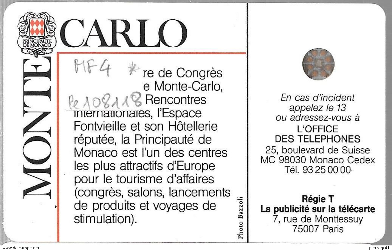 CARTE-PUBLIC-MONACO-50U-MF4A-SC4 On-PALAIS CONGRES-V°N° Série Pe108118-UTILISE-TBE - Monaco