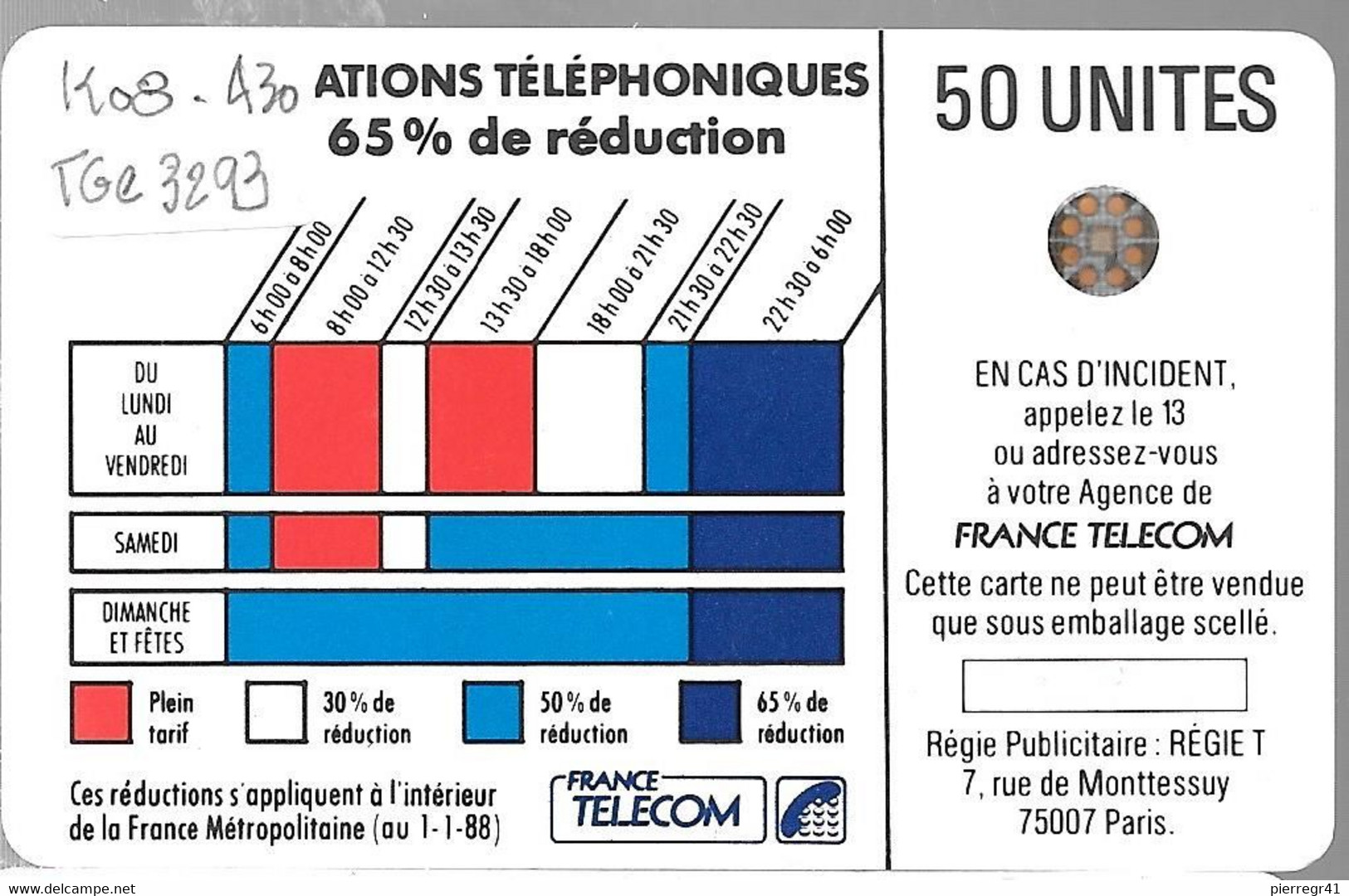 CARTE-PUBLIC-Ko08.430-50U-SC4On- R° Mat -Puce 7-CORDON BLEU-4 TGE 3293-Utilisé-TBE/RARE - Telefonschnur (Cordon)