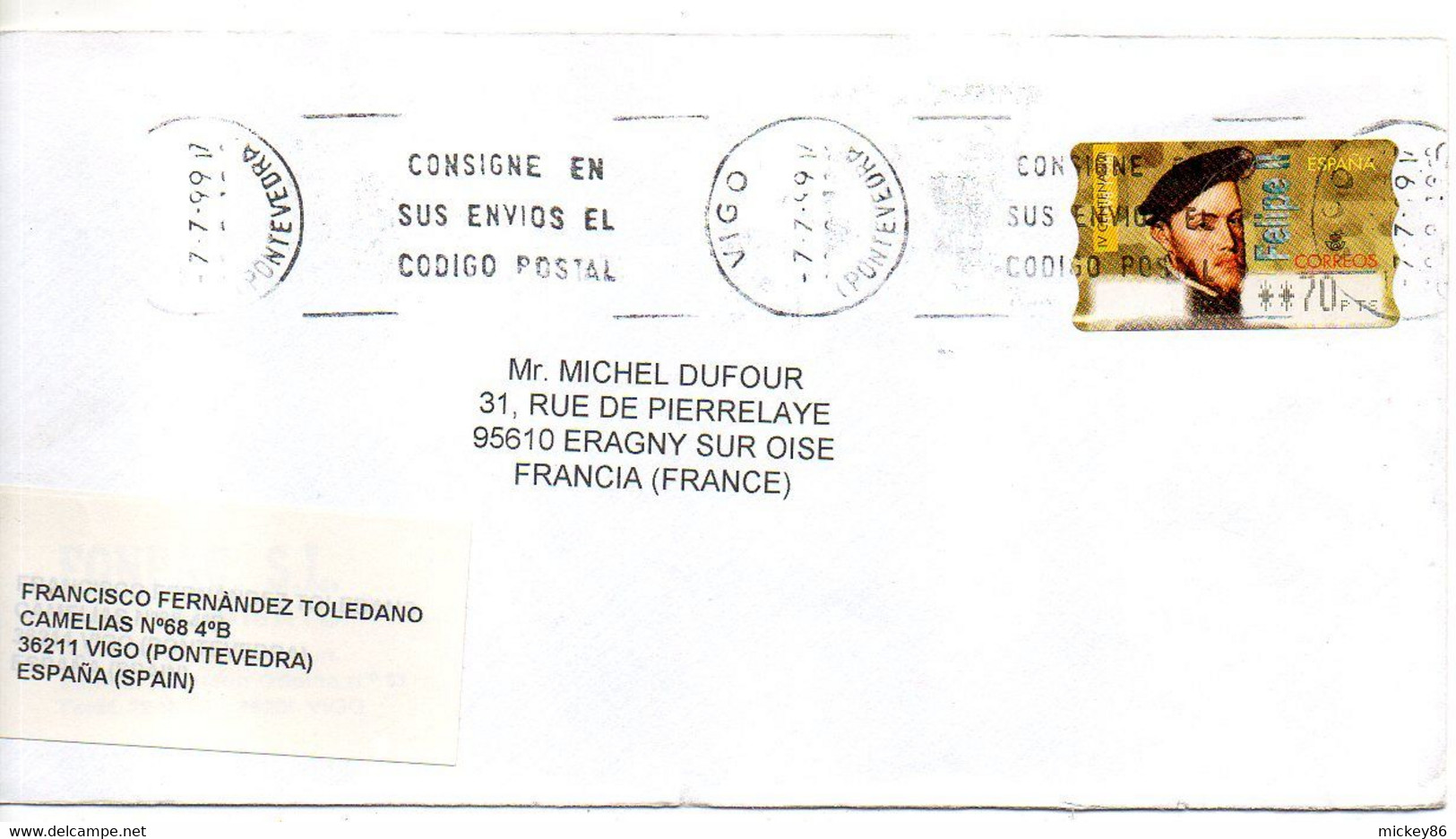 Espagne -1999--lot De 2 Lettres De VIGO Pour ERAGNY SUR OISE--95 (France)--vignettes Guichet - Lettres & Documents