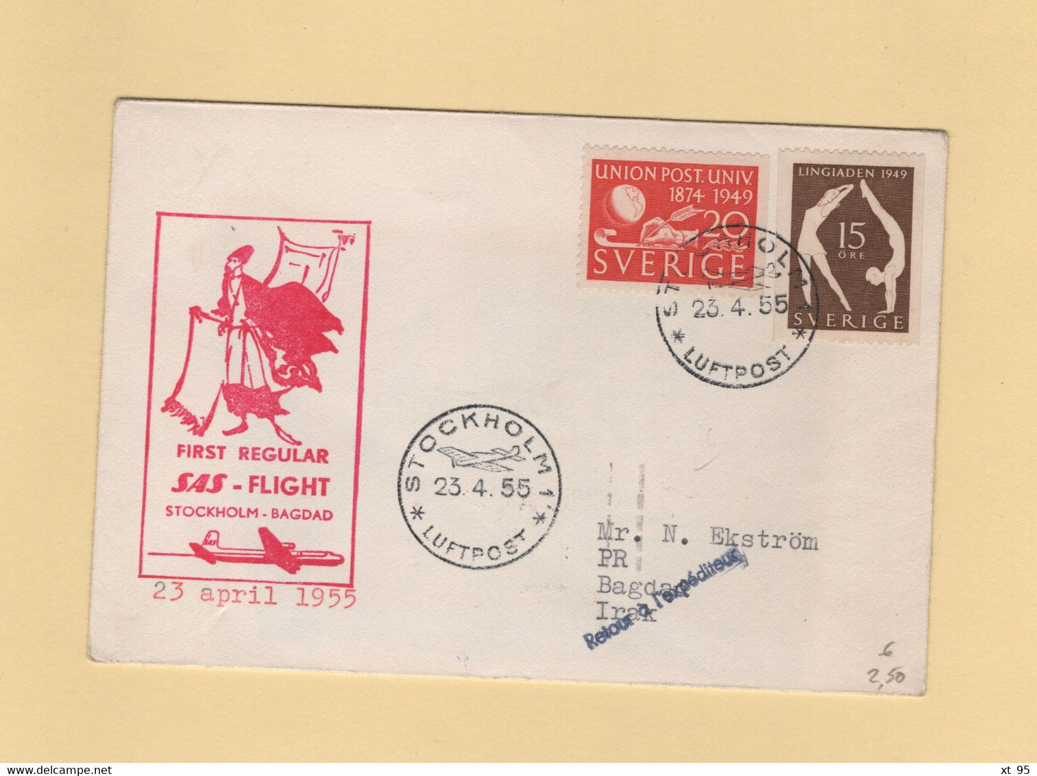 Suede - 1955 - 1er Vol Stockholm Bagdad Irak - Storia Postale