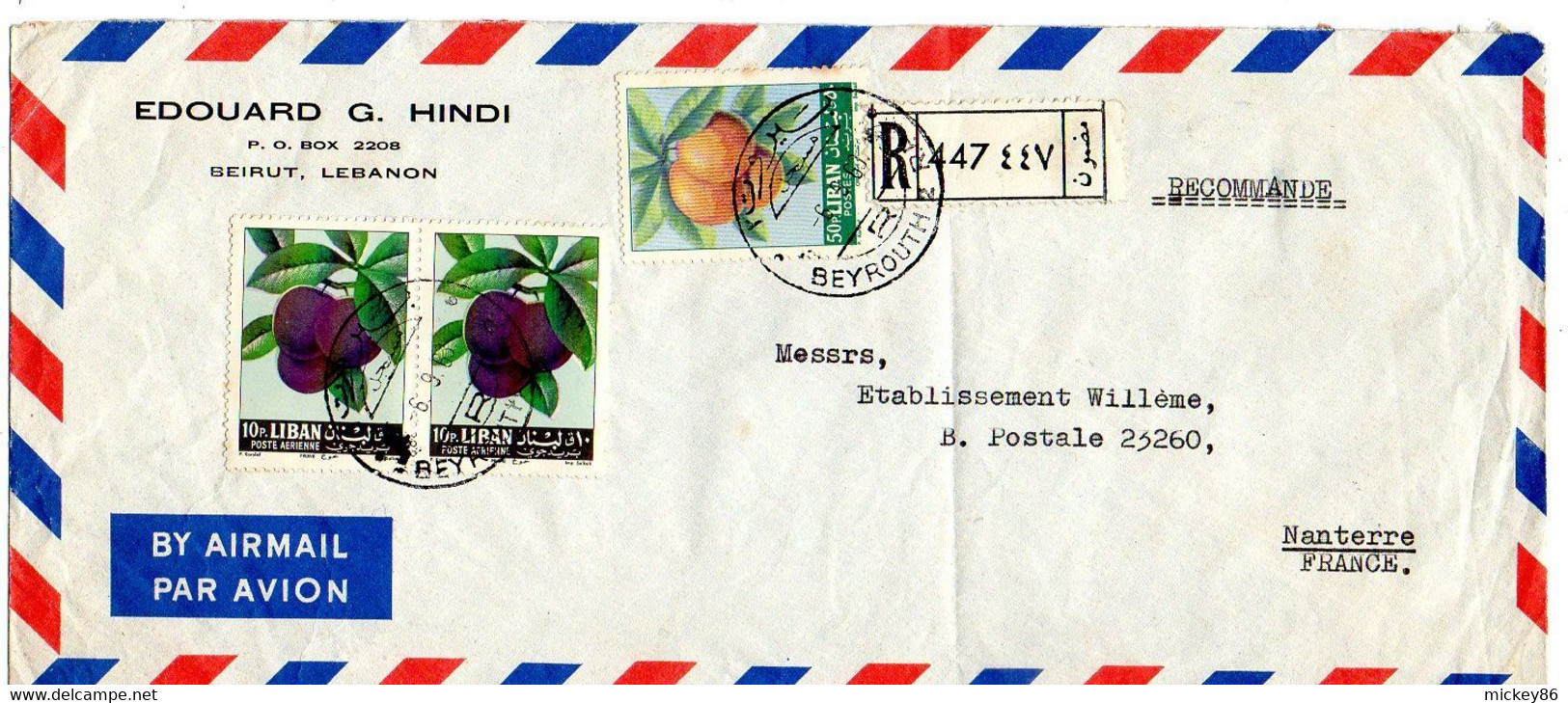 Liban -1963--Lettre Recommandée De BEYROUTH  Pour NANTERRE-92 (France) .....timbres  Friuts....cachet - Líbano
