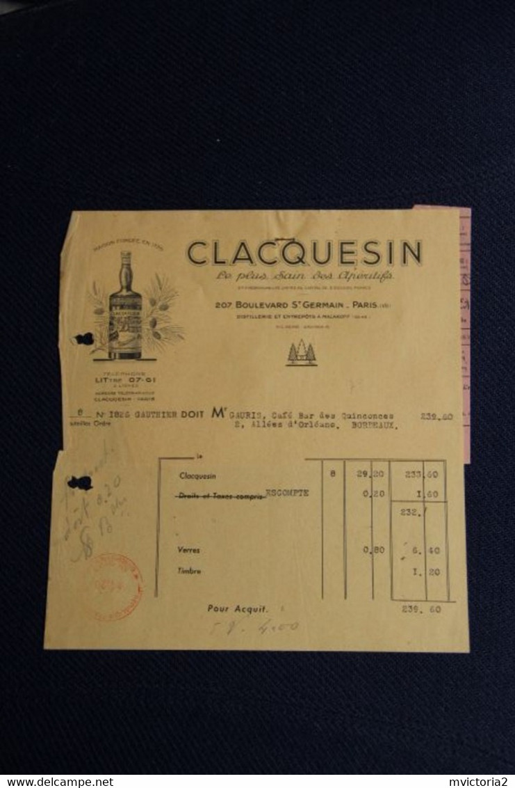 Facture Ancienne  : PARIS, Apéritifs CLACQUESIN - 1900 – 1949