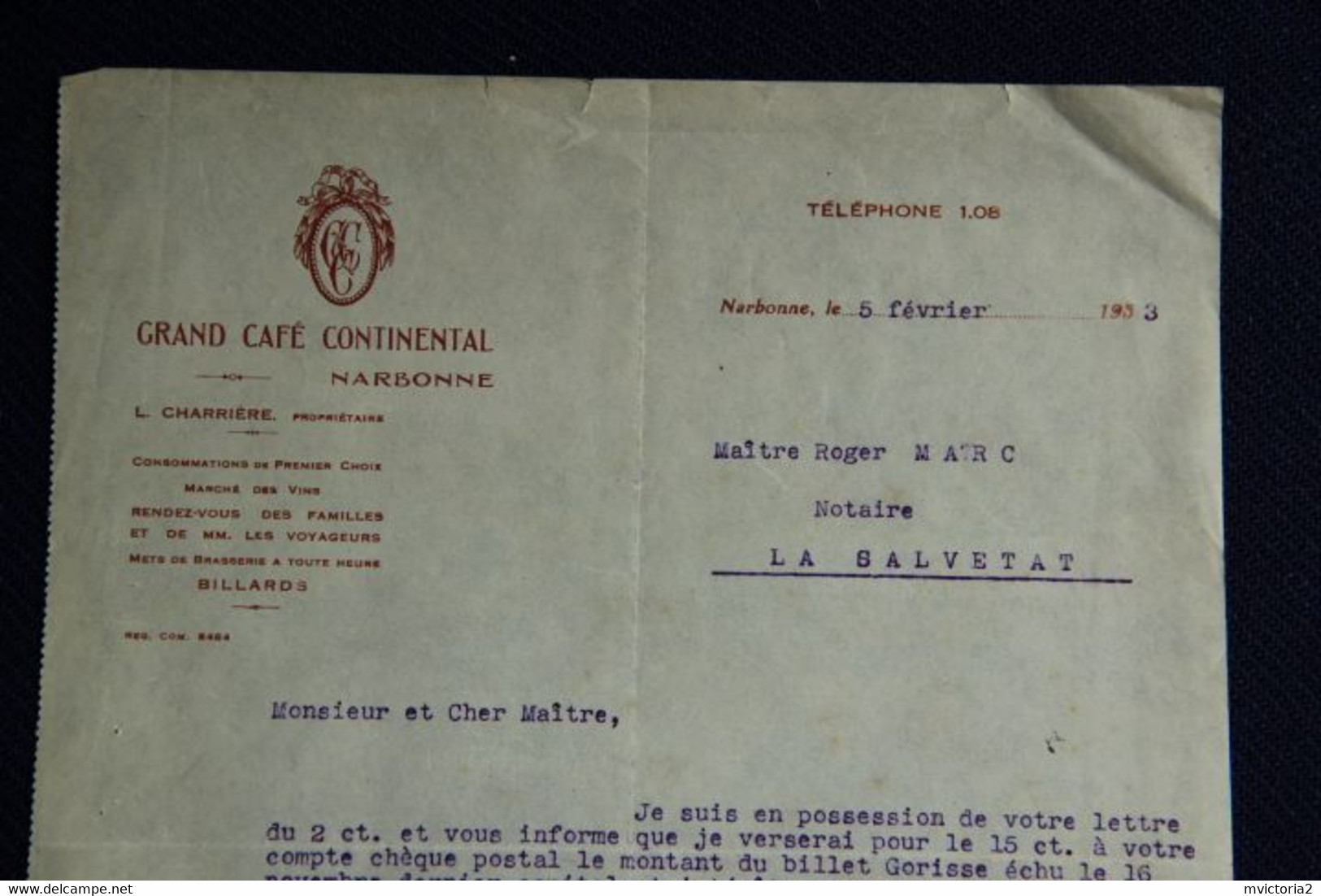 Facture Ancienne  : NARBONNE - Grand Café CONTINENTAL - 1900 – 1949