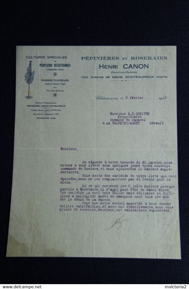 Facture Ancienne  : CHATEAUROUX, Pépinières Et Roseraies Henri CANON - 1900 – 1949