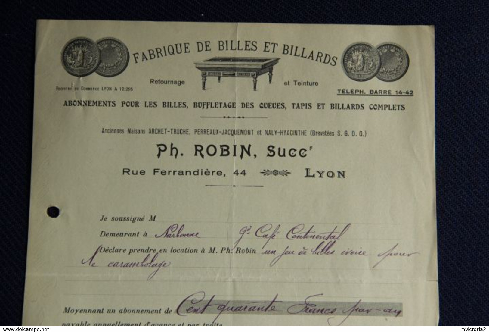 Facture Ancienne  : LYON, Fabrique De Billes Et Billards, ROBIN, 44 Rue Ferrandière - 1900 – 1949