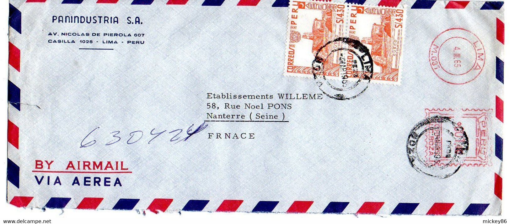 Pérou -1965--Lettre Recommandée   LIMA  Pour NANTERRE-92 (France) ..timbres + EMA  Sur Lettre ...cachet - Peru
