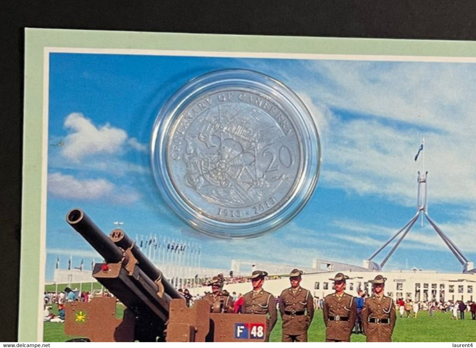 (4 N 13 A) Australia - 0.20 Cents Coin Centenary Of Canberra 2013 / On Canberra New Parliament House Postcard (soldiers) - 20 Cents