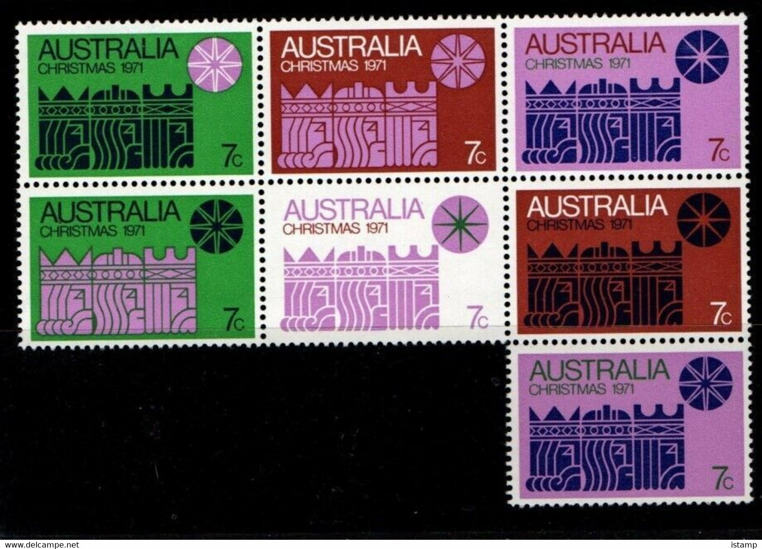 ⭕1971 - Australia CHRISTMAS Xmas Block - Set 7 Stamps MLH⭕ - Mint Stamps