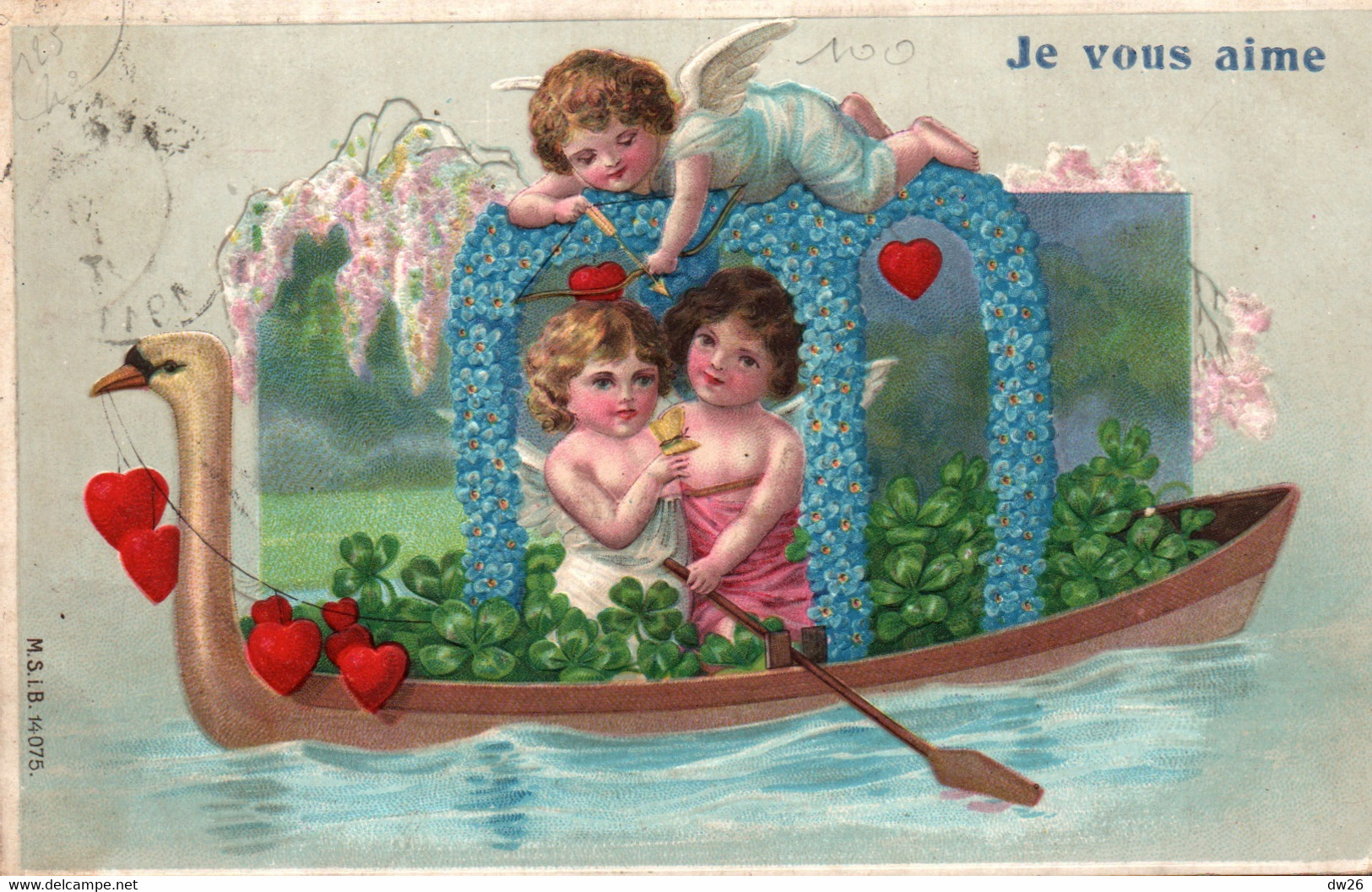 Fantaisie, Carte Gaufrée De 1911: Anges Dans Une Barque Avec Cygne - Carte M.S.I.B. N° 14075 - Engel