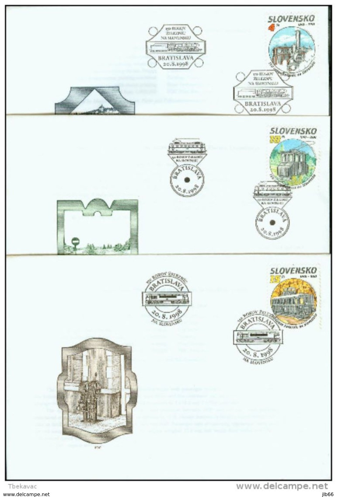 3 FDC 154/156 SLOVAQUIE 1998 Mi 314/316 Yv 276/278 Train Et Locomotive 150 Ans Du Chemin De Fer En Slovaquie - FDC