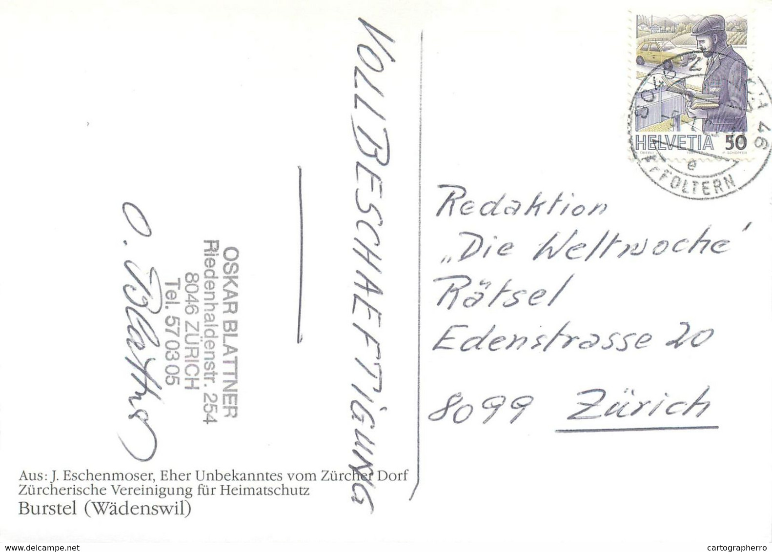 Postcard Switzerland ZH Zurich Wädenswil Burstel Sketch - Wädenswil