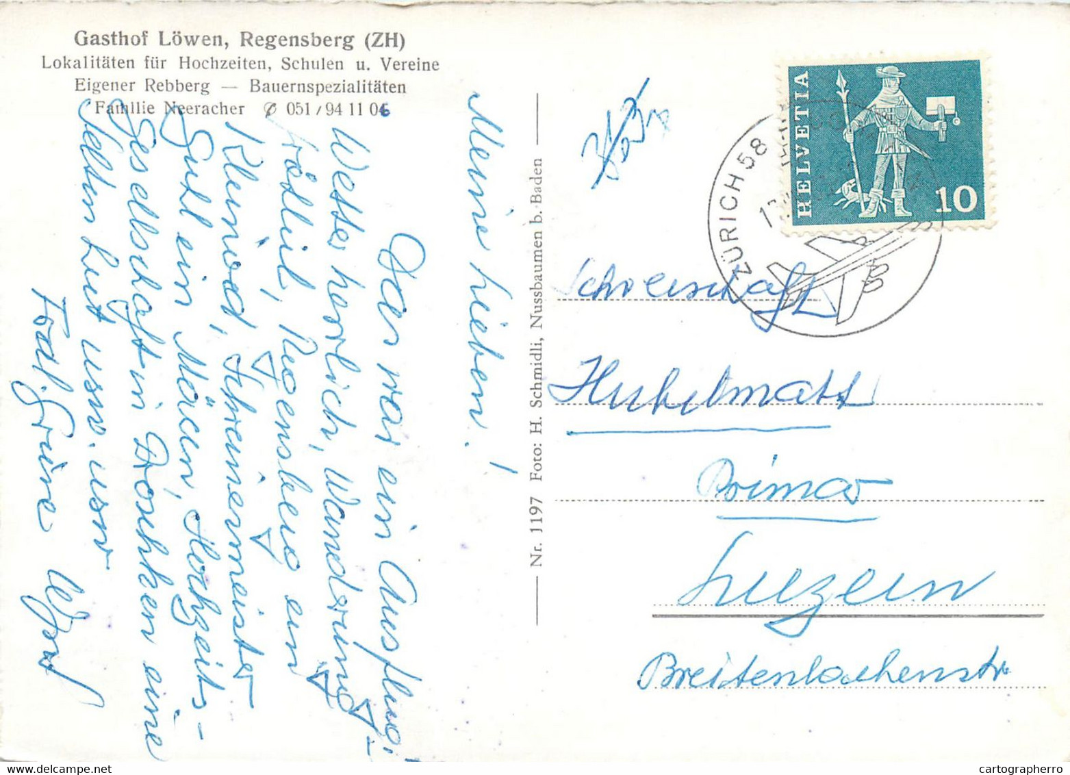 Postcard Switzerland ZH Zurich Regensberg Gasthof Lowen Eigener Rebberg - Regensberg