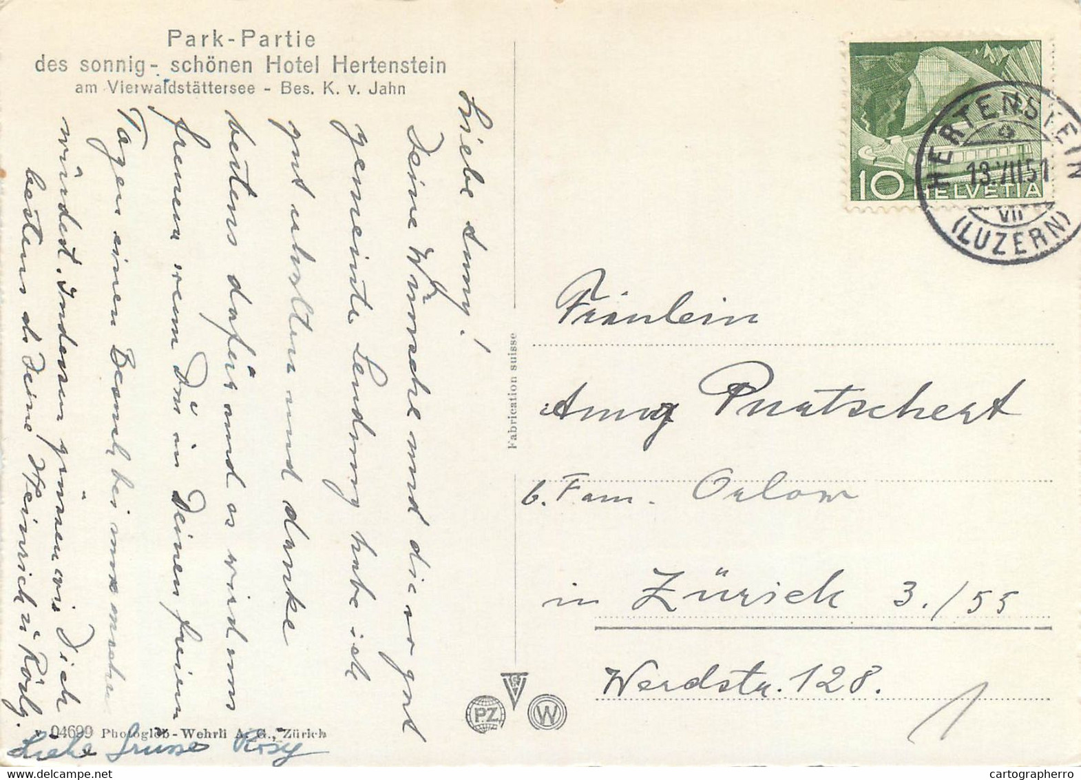 Postcard Switzerland Park-partie Schonen Hotel Hertenstein 1951 - Stein