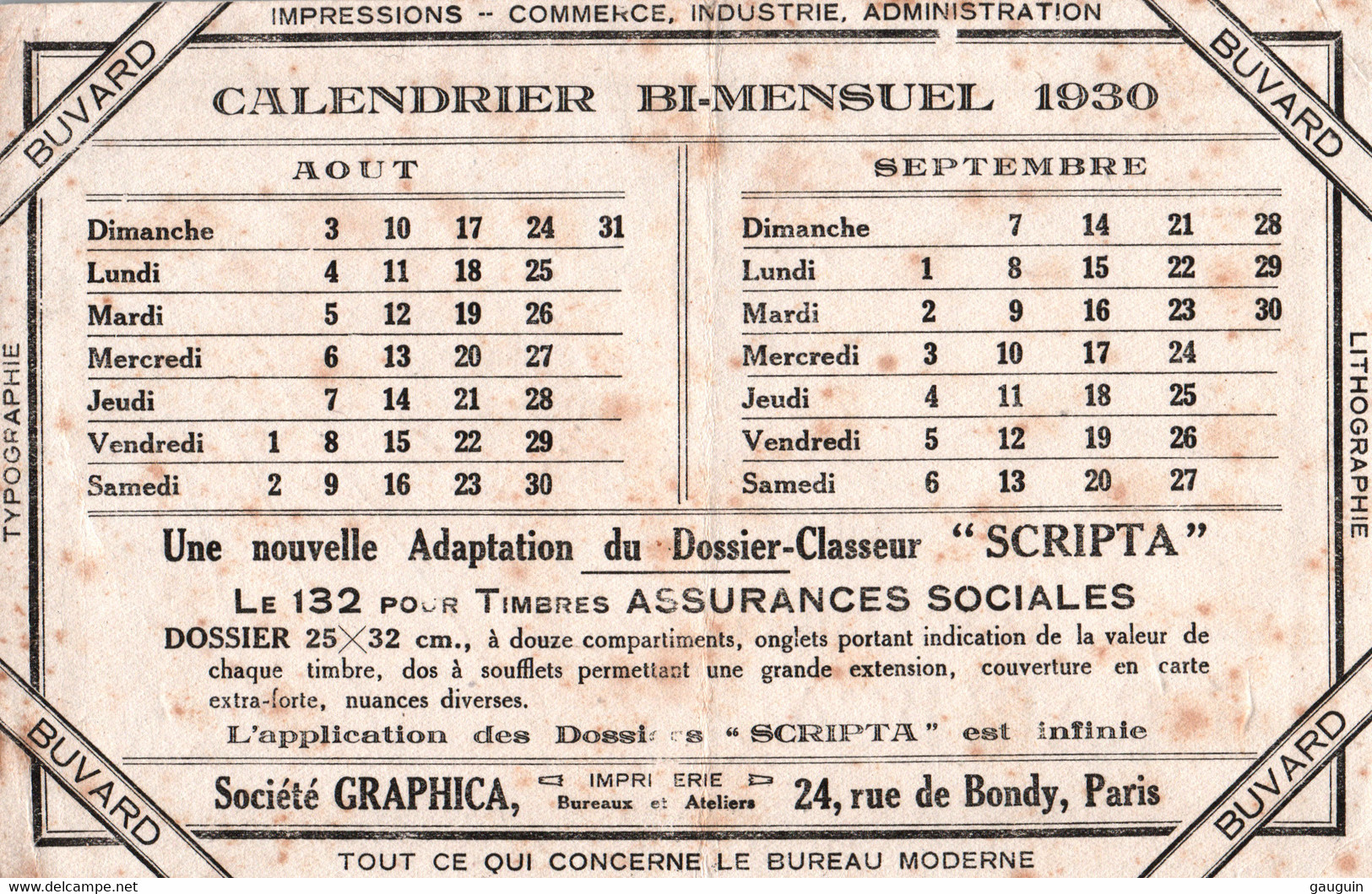 BUVARD - PARIS - Imprimerie "Sté GRAPHICA" Rue De Bondy - Calendrier 1930 ... (tâches) - I